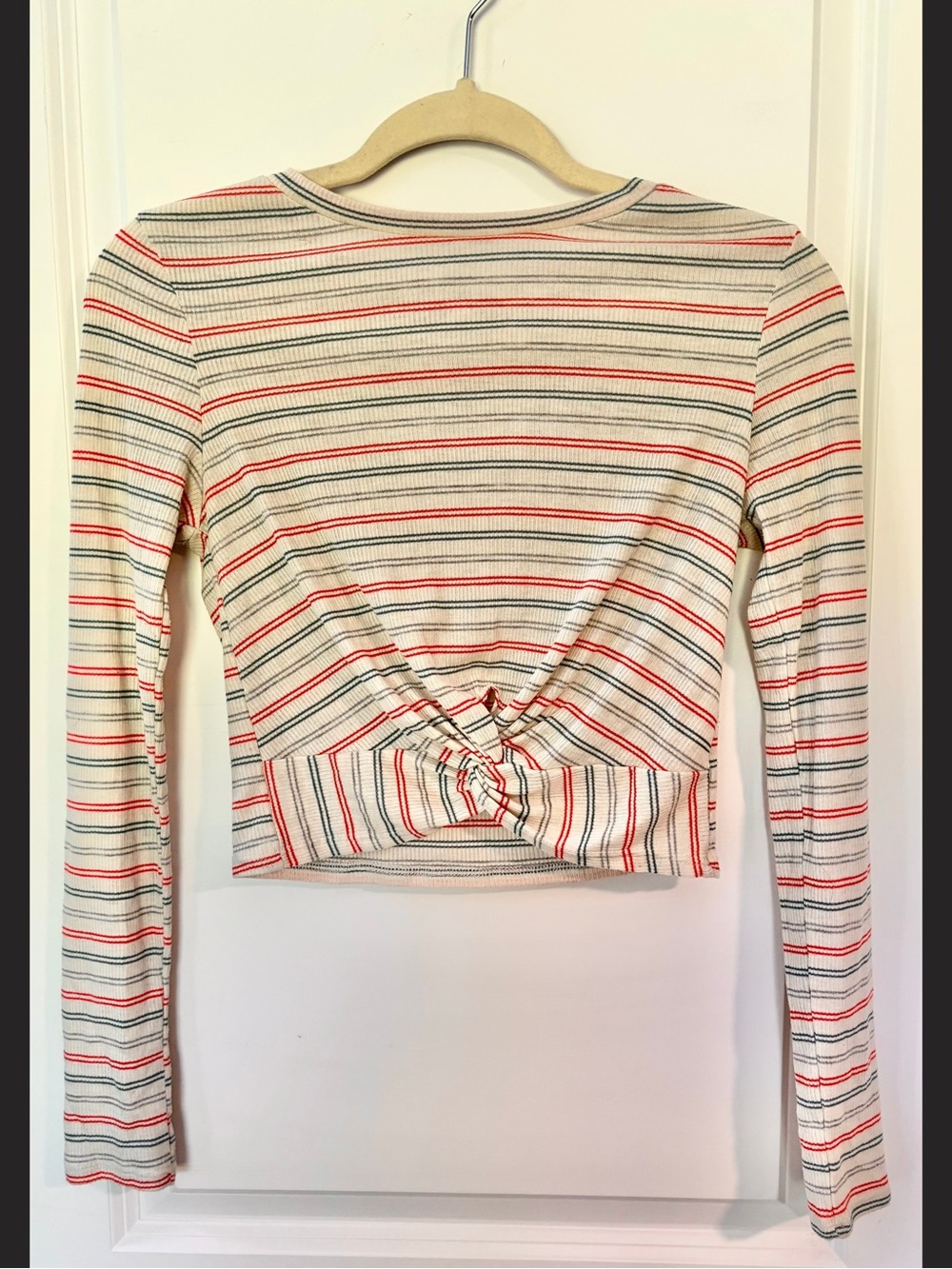 Striped Knot-Front Long Sleeve Top - Cream with Red & Green Stripes